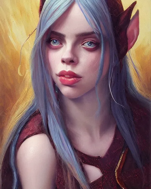 Image similar to billie eilish as a beautiful elf princess, oil painting, by laura sava