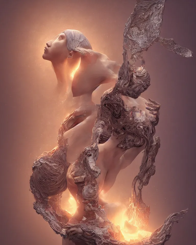 Image similar to metaphysical portrait of a gorgeous etherial female statue breaking apart by Andrew Ferez, cosmic horror, octane render, trending on cgsociety, featured on zbrush central, grotesque, vanitas, new sculpture, mystical
