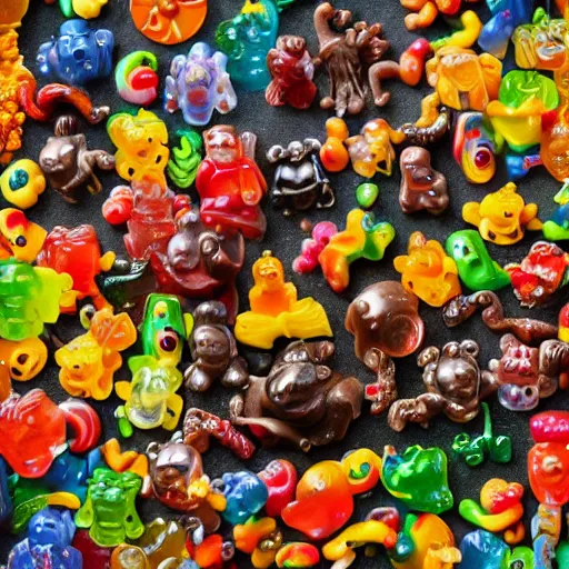 Image similar to Bosch Garden of Earthly Delights, candy, sculpted out of candy, gummy candies, gummy bears, gummy worms, colorful award-winning photo of candy, happy smiley