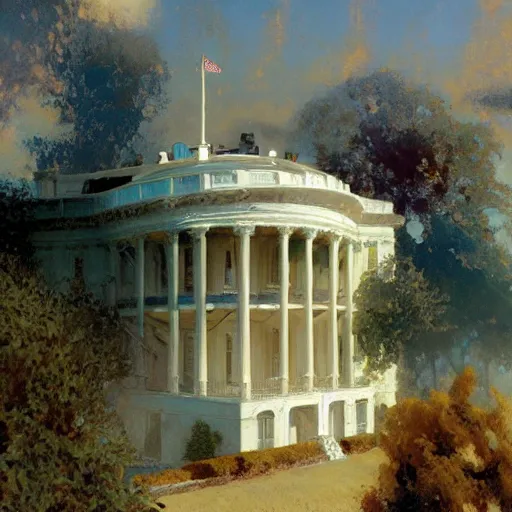 Image similar to detailed cinematic wide shot of the futuristic white house that is existing far in the future where humans evolved to be solarpunk, ultra realistic, spring light, painting by gaston bussiere, craig mullins, j. c. leyendecker