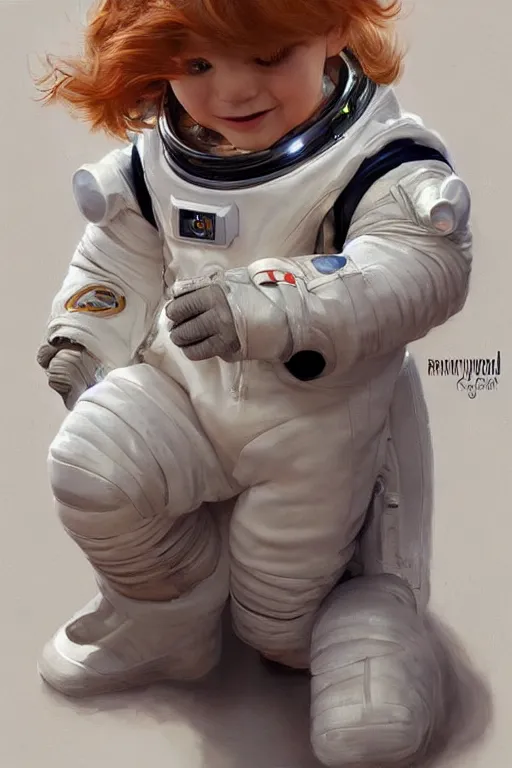 Image similar to a little boy with a cherubic michievous face and ginger hair. he is an astronaut, wearing a space suit. clean elegant painting, beautiful detailed face. by raymond swanland and artgerm and greg rutkowski