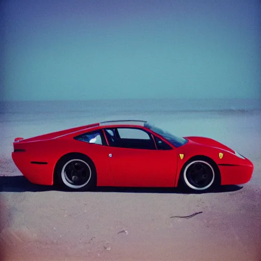 Prompt: “A wide shot of a Ferrari at the beach, dreamcore aesthetic, taken with a Pentax K1000, Expired Burned Film from 1930s, Softbox Lighting, 85mm Lens”