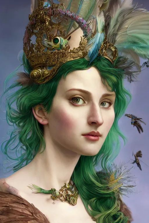 Prompt: a portrait of a baroque steampunk gorgeous green haired queen of birds with a tattered dress and glasses, with feather decoration cinematic lighting, photorealistic, octane render, 8 k, depth of field, 3 d, art by artgerm and greg rutkowski and alphonse mucha and uang guangjian and gil elvgren and sachin ten