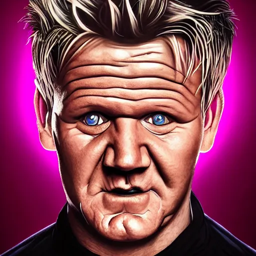 Image similar to photorealistic gordon ramsay with devil horns in the style of michael whelan. hyperdetailed photorealism, 1 0 8 megapixels, amazing depth, high resolution, 3 d shading, 3 d finalrender, 3 d cinematic lighting, glowing rich colors, psychedelic overtones, artstation concept art.