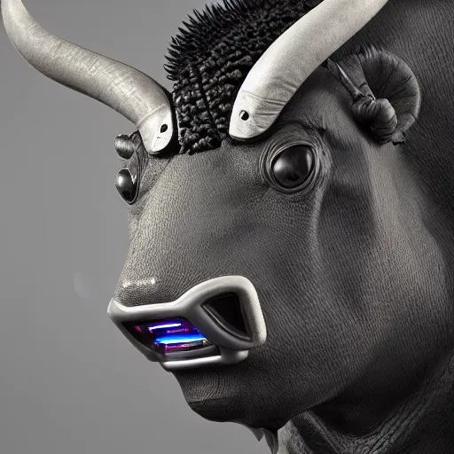 Image similar to a cybertronic buffalo-bull, leds, high detail, sharp, studio, digital art, octane render, redshift, blender-hard-surface, cinema-4d, houdini-hard-surface, machin3, mx2