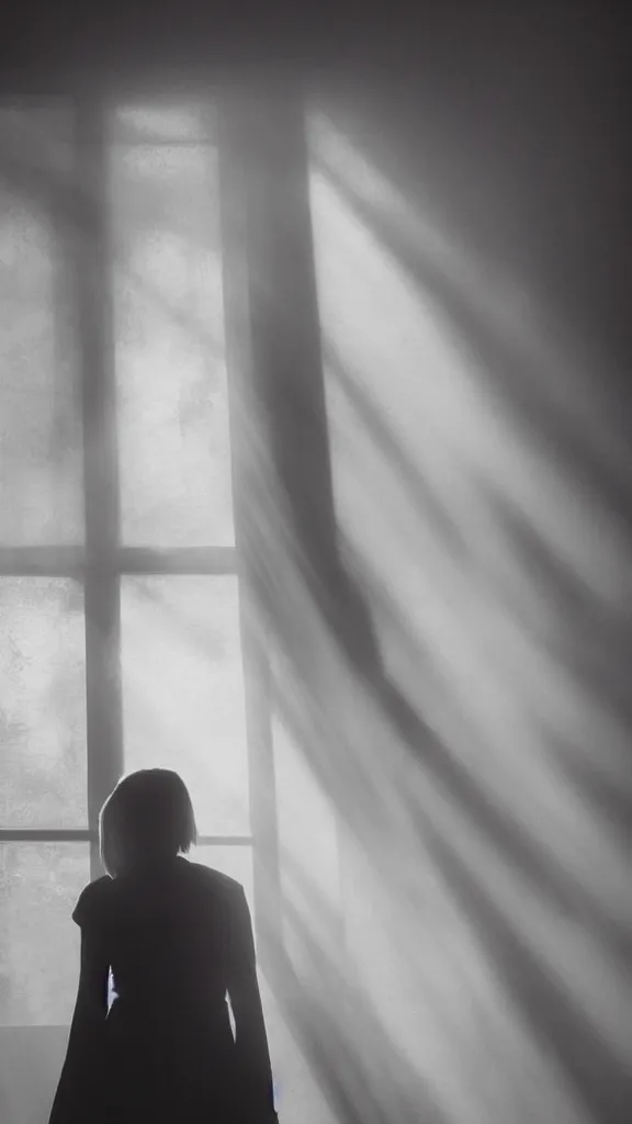 Image similar to very very beautiful photograph of emily skinner looking like annie leonhart standing next to a window god rays shining on her from the sunlight, volumetric fog, smoke, depth of field, beautiful composition, featured on artstation and instagram