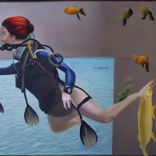 Image similar to a female diver having fun with the fish, hyperrealism