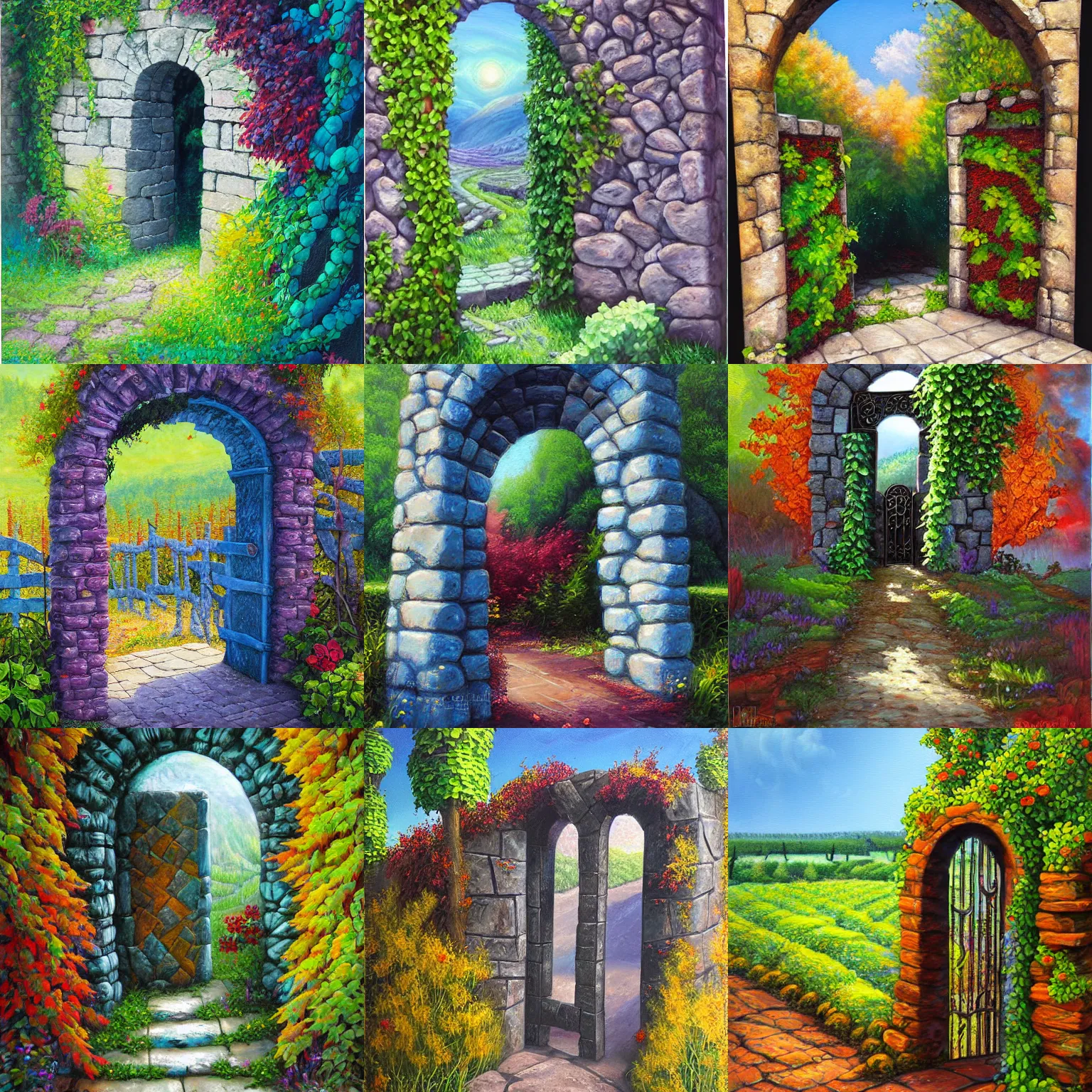 Prompt: colorful alayna lemmer impasto!! acrylic painting of the slate stone gateway of a forgotten civilization. vines and creepers, stone etchings