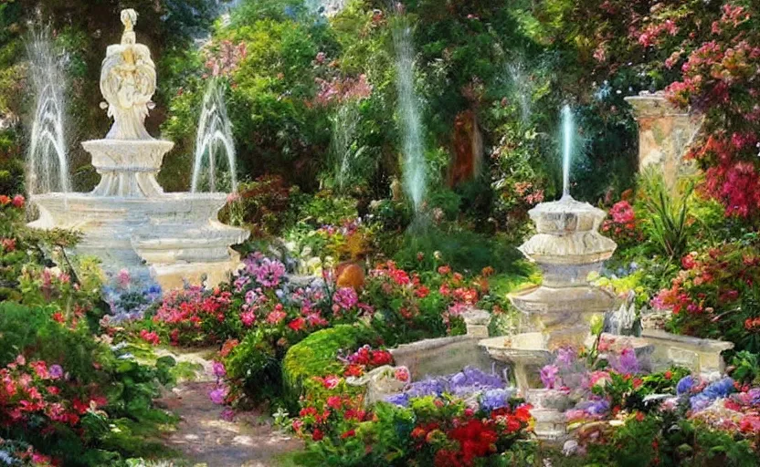 Prompt: Beautiful garden, next to a fountain and a mystical palace. By Konstantin Razumov, horror scene, highly detailded