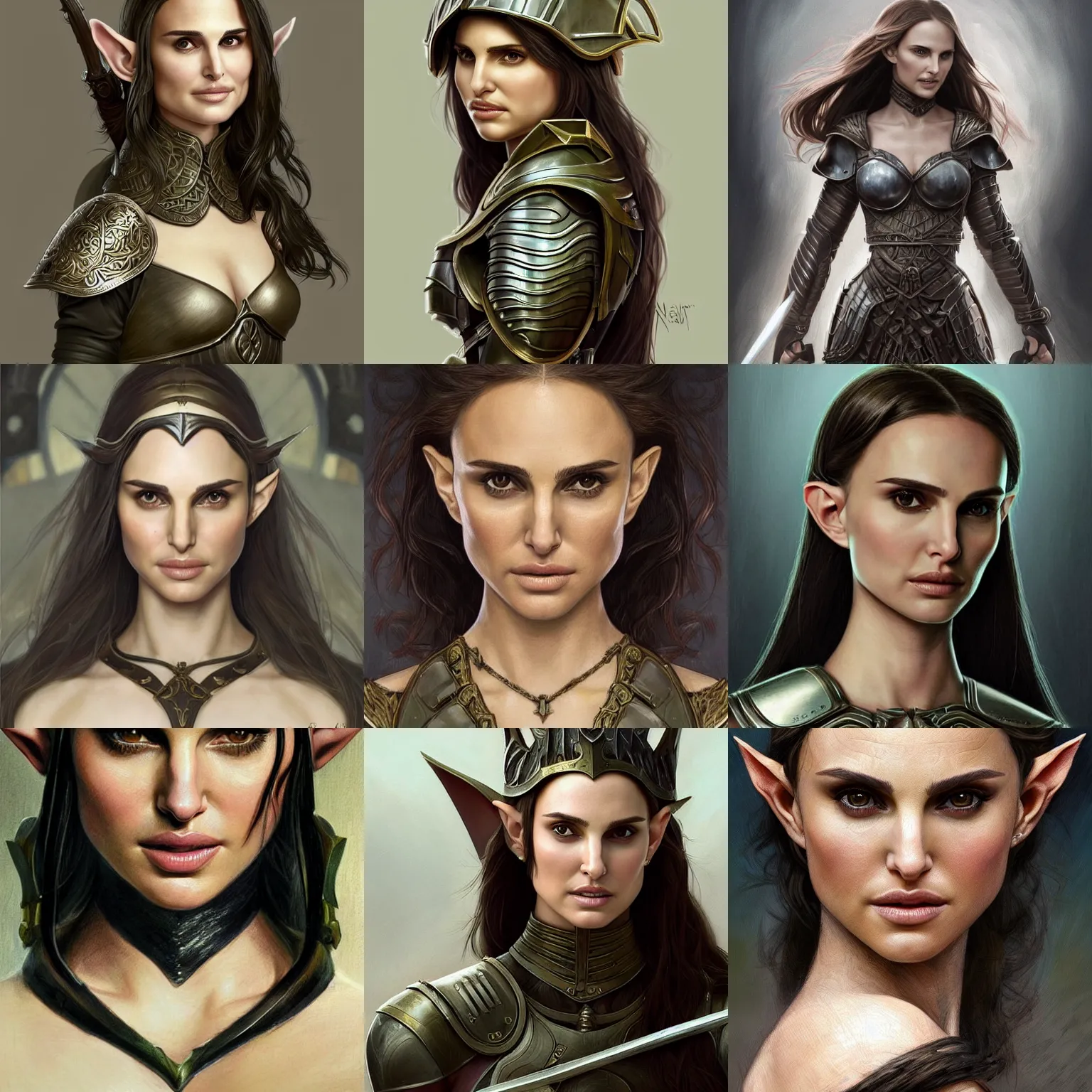 Prompt: a portrait of an attractive young elf woman (Natalie Portman), clothed in battle armor, olive skin, long dark hair, beautiful bone structure, symmetrical facial features, intricate, elegant, highly detailed, digital painting, trending on Artstation, concept art, smooth, sharp focus, illustration, in the style of artgerm and greg rutkowski and alphonse mucha