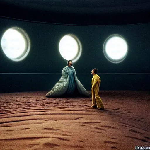 Image similar to colour aesthetic highly detailed photography scene arakis from dune ( 2 0 2 1 ) by alejandro hodorovski and denis villeneuve and gregory crewdson style characters with ultra hyperrealistic very highly detailed faces. with many details by andrei tarkovsky and caravaggio in sci - fi style. volumetric natural light hyperrealism photo on leica m - a kodak portra 4 0 0