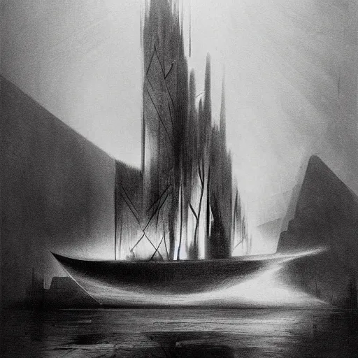 Image similar to a black and white photo of a boat in the water, concept art by hugh ferriss, behance contest winner, symbolism, lovecraftian, concept art, official art