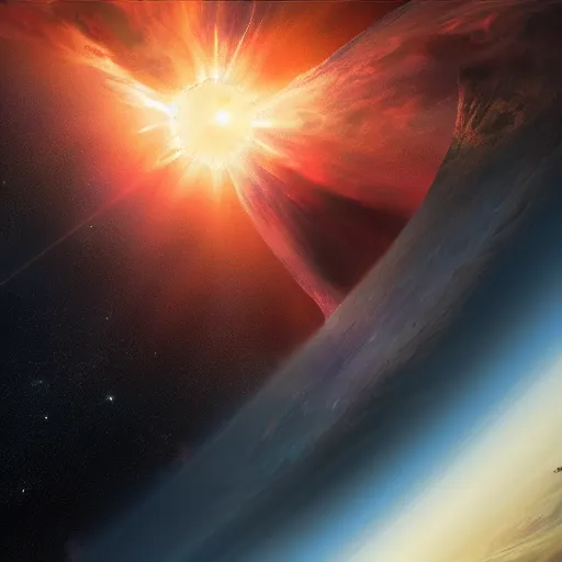 Prompt: two planets colliding in a planetary explosion viewed from space by WLOP and tony sart, god rays, fantasy art, 4k, HDR, photorealistic, 8k, trending on artstation