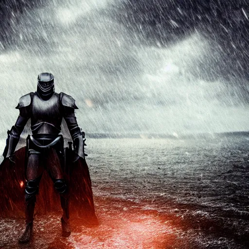 Image similar to dark armor knight in a thunderstorm, epic scene, cinematic, ultra photorealistic, 8k,