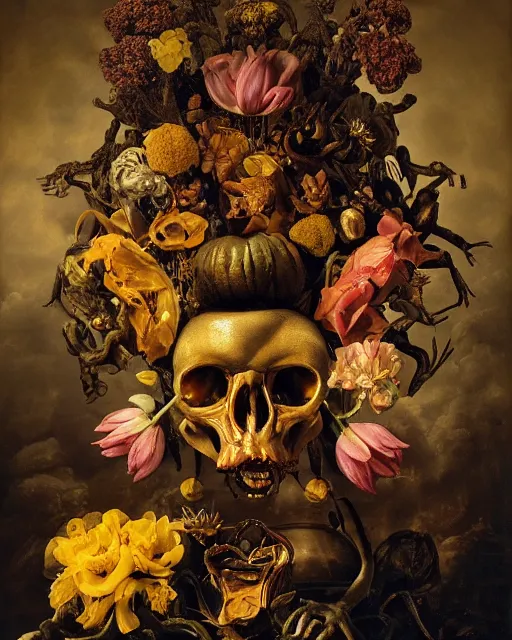 Image similar to refined gorgeous blended oil painting with black background by christian rex van minnen rachel ruysch dali todd schorr of a chiaroscuro portrait of an extremely bizarre disturbing mutated man made of still life flowers and rubber insects with shiny skin acne dutch golden age vanitas intense chiaroscuro cast shadows obscuring features dramatic lighting perfect symmetry perfect composition masterpiece