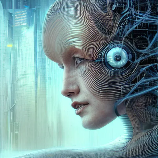 Prompt: a woman with a futuristic head and body, cyberpunk art by peter gric, cgsociety, computer art, future tech, sci - fi, futuristic