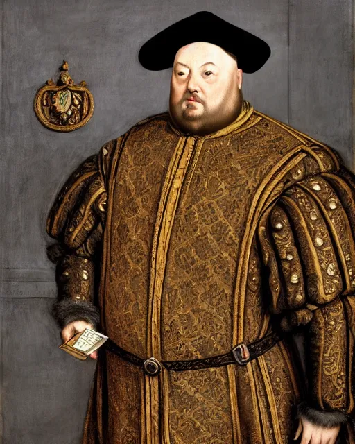 Image similar to fat gray cat with yellow eyes dressed like henry viii, tudor period menswear, hans holbein the younger, greg rutkowski, royal portrait, painting