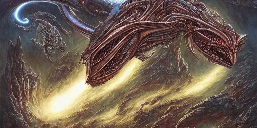 Image similar to alien space dragon by dan seagrave art