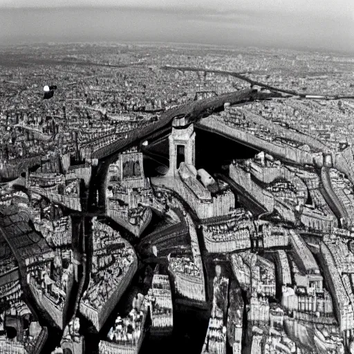 Image similar to Paris is bombed, over attacked nuclear bomb at night, photorealism photography Kodak 5219