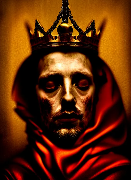 Image similar to 'Portrait of Crowned King Arthur' by Lee Jeffries royally decorated, whirling plasma, atmospheric motes, red and gold Sumptuous garb, gilt silk fabric, radiant colors, fantasy, perfect lighting, studio lit, micro details,