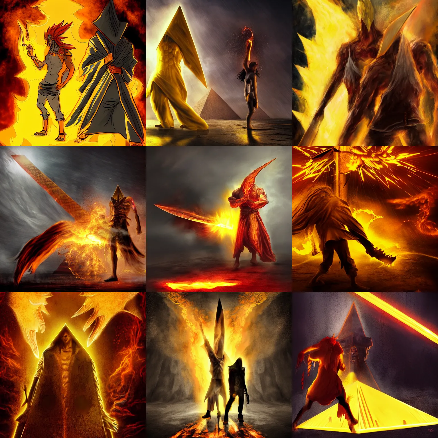 Prompt: a raging yellow fiery god with a pyramid head