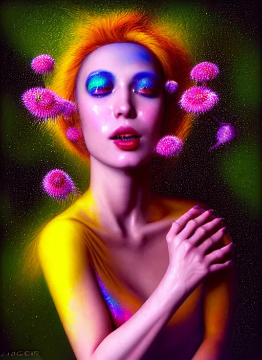 Image similar to hyper detailed 3d render like a chiariscuro Oil painting with focal blur - Aurora (Singer) looking adorable and seen in dynamic pose joyfully Eating of the Strangling network of yellowcake aerochrome and milky Fruit and Her delicate Hands hold of gossamer polyp blossoms bring iridescent fungal flowers whose spores black the foolish stars to her smirking mouth by Jacek Yerka, Mariusz Lewandowski, Houdini algorithmic generative render, Abstract brush strokes, Masterpiece, Edward Hopper and James Gilleard, Zdzislaw Beksinski, Mark Ryden, Wolfgang Lettl, hints of Yayoi Kasuma, octane render, 8k