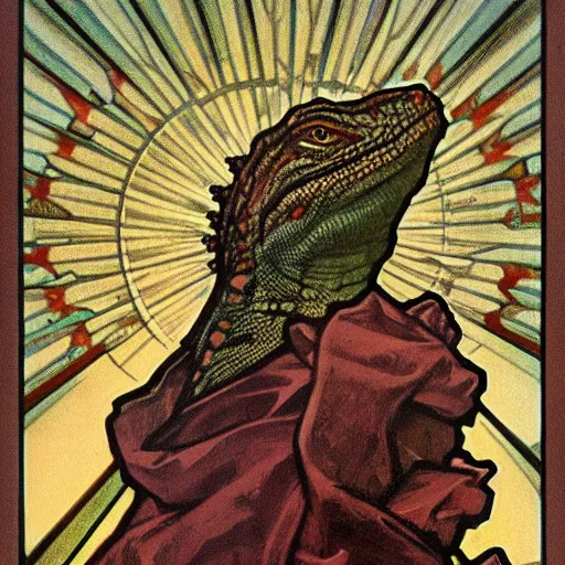 Prompt: lizard lizard lizard lizard jesus, close up, by alphonse mucha