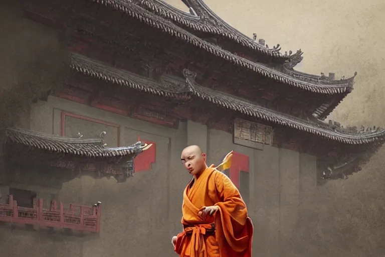 Image similar to A MONKEY DRESSED AS a shaolin monk, standing in front of an ancient chinese palace, CINEMATIC lighting, artstation, greg rutkowski