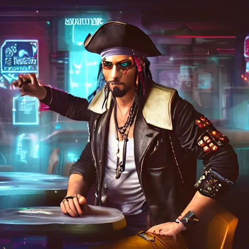 Image similar to high quality portrait of a pirate with four arms in a cyberpunk cyberpunk cyberpunk cafe, realism, 8k, award winning photo