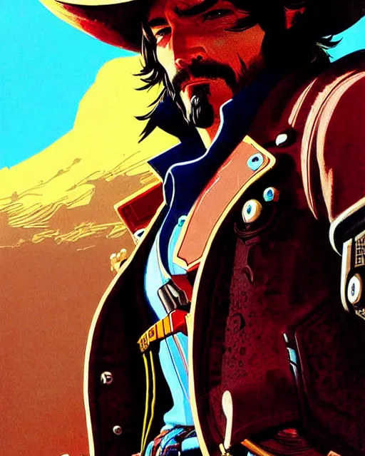 Image similar to mccree from overwatch, cyber space cowboy, character portrait, portrait, close up, concept art, intricate details, highly detailed, vintage sci - fi poster, retro future, vintage sci - fi art, in the style of chris foss, rodger dean, moebius, michael whelan, and gustave dore