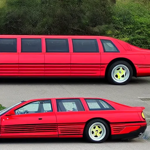 Prompt: Ferrari Testarossa modified to be a very long limousine, photography