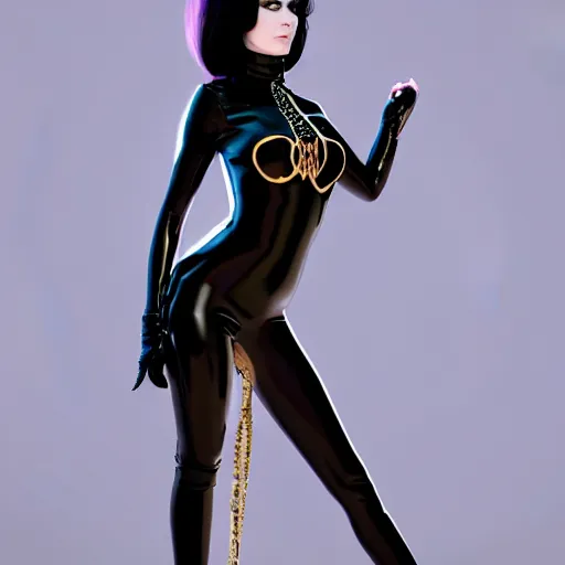 Prompt: a pale goth woman with purple skin and a modest elaborate elegant black-gold multilayered latex striped tight high-neck outfit, fully clothed, cgsociety, photorealistic, sublime-cool-badass-hyperadvanced, 16k, smooth, sharp focus, trending on ArtStation, volumetric lighting