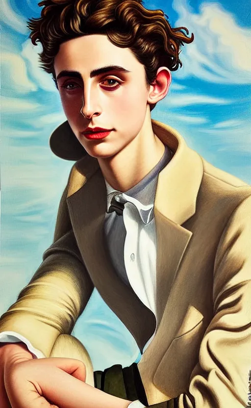 Prompt: Timothee Chalamet, the most beautiful androgynous man in the world, intense painting, sunny day at beach, tropical island, +++ super supper supper dynamic pose,  digital art, j.c. leyendecker