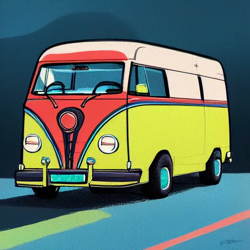 Image similar to retro painting illustration of a volswagen van, 2 d, pastel color, retro style art, trendy on artstation