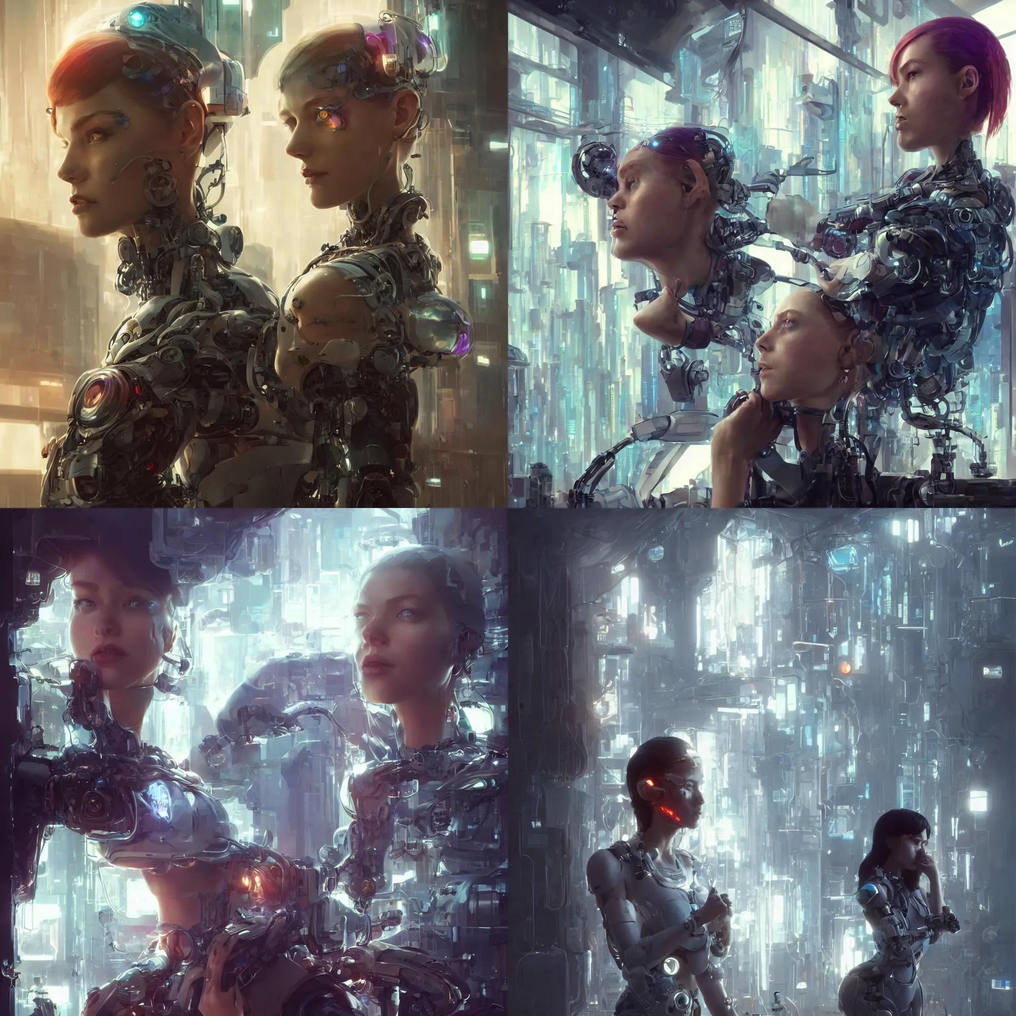 Prompt: hyper realistic portraiture of a female cyborg with transparent acrylic shell, cyberpunk interior, cinematic, asymmetrical, beautifully lit, vray, octane render 4k, high resolution, art by cory loftis, craig mullins, james jean, grzegorz rutkowski, tom bagshaw,