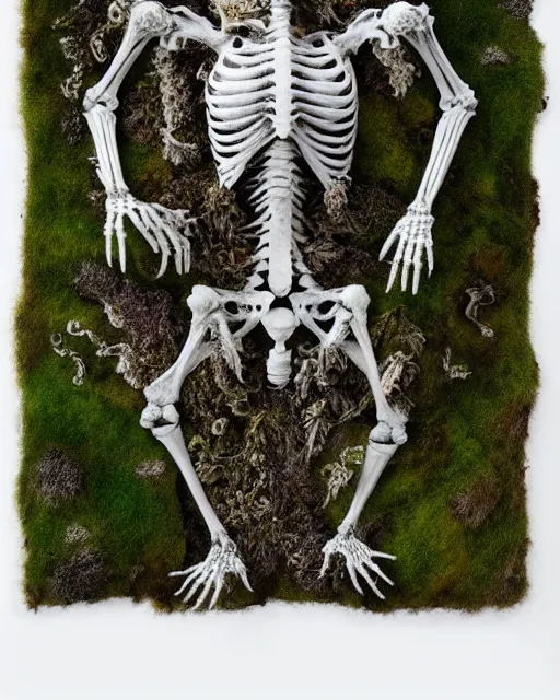 Image similar to white dragon skeleton covered in moss and flowers, intricate details, hyperrealistic, hr giger