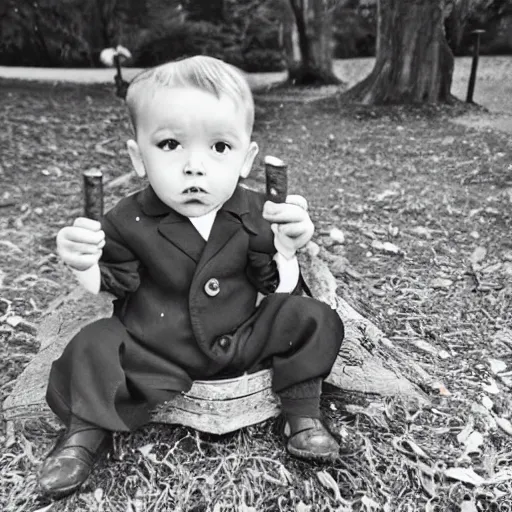 Prompt: two year old boy dressed like an old man smoking a cigar photograph