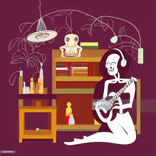 Prompt: skeleton wearing headphones watching girl playing guitar with her black cat, vector art