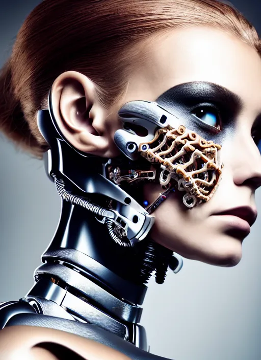 Prompt: a stunning young female cyborg profile face, face is made intricate tribal bio - mechanical, editorial photography, shot on 7 0 mm, depth of field, f / 2. 8, high contrast, 1 6 k, rays of shimmering light, volumetric lighting, shiny, insanely detailed and intricate, hypermaximalist, elegant, ornate, hyper realistic, super detailed