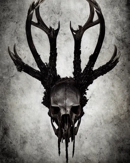 Image similar to deer - skull ghost - spirit of the grim - warpaint wears the scarlet skull armor and native blood headdress antlers, midnight fog - mist!, dark oil painting colors, realism, cinematic lighting, various refining methods, micro macro autofocus, ultra definition, award winning photo, photograph by ghostwave - gammell - giger - shadowlord