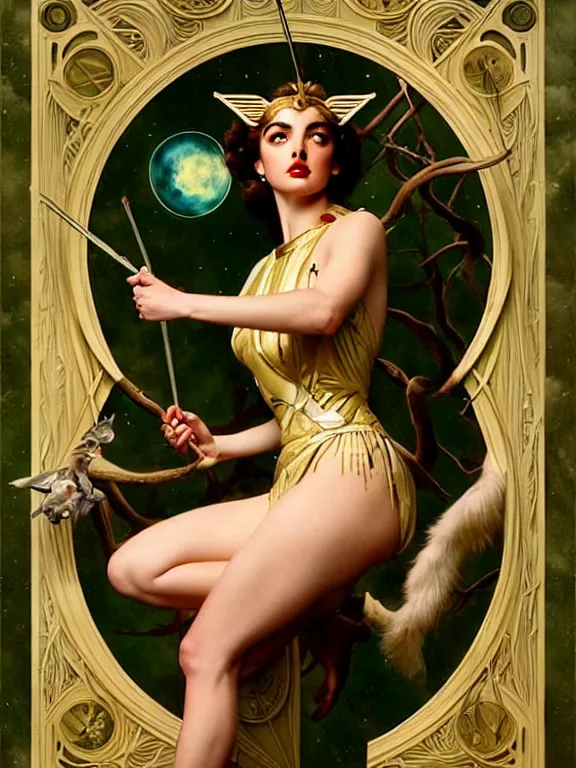 Image similar to Ana de armas as Artemis the Greek goddess of the hunt, a beautiful art nouveau portrait by Gil elvgren, Moonlit forest environment, centered composition, defined features, golden ratio, silver jewelry