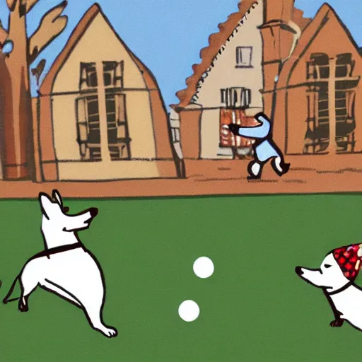 Image similar to illustration of french boy in paris playing football against a corgi, the corgi is wearing a polka dot scarf