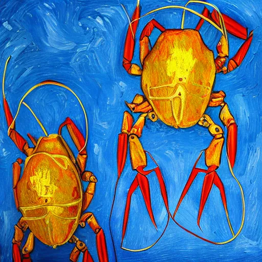 Image similar to red robotic crayfish cut the gold medal's ribbon from human neck by hand, 4 k, oil painting, van gogh