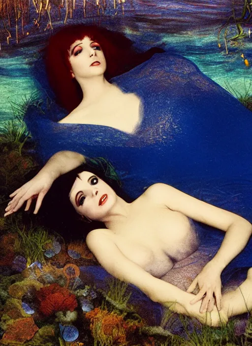 Image similar to liza minelli laying under the sea on the seabed amongst the weeds, underwater shot, submerged, medium shot, on the bed of the river preraphaelite colour photography by rosetti, 8 k