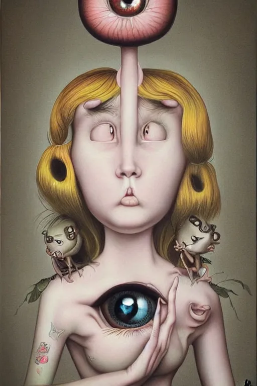 Image similar to pop surrealism, lowbrow art, big eyed realistic cute girl painting, japanese cute fashion, hyper realism, muted colors, trevor brown, mark ryden style