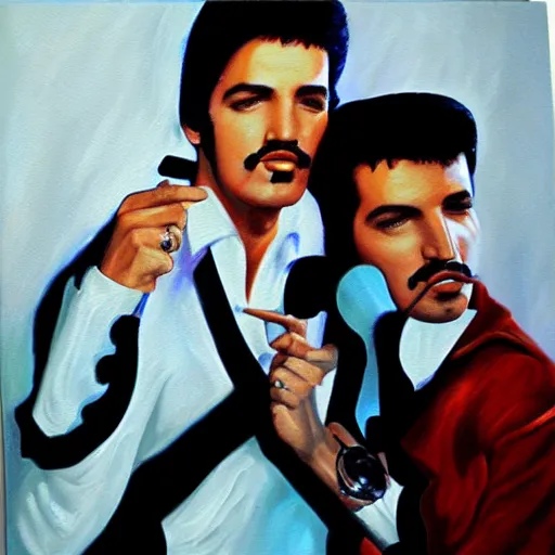 Image similar to elvis presley and freddie mercury singing together, oil painting, trending on art station, 8 k