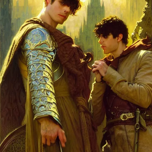 Image similar to arthur pendragon and merlin. focus on their faces. highly detailed painting by gaston bussiere, craig mullins, j. c. leyendecker, alphonse mucha, greg rutkowski, 8 k