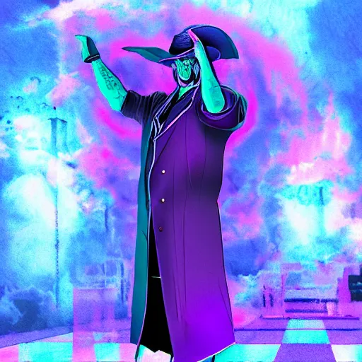 Image similar to undertaker in a vaporwave style