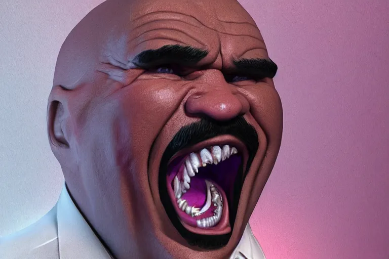 Prompt: crazy glitchy buggy demonic evil ugly hilarious screaming yelling 3 d steve harvey portrait meme, featured on artstation, cgsociety, unreal engine, octane, volumetric lighting, rtx on, vibrant, by greg rutkowski, grainy, vhs footage, intricately detailed, award - winning, amazing, stunning, atmospheric, ambient