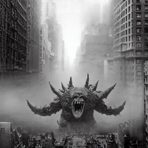 Prompt: old black and white photo, 1 9 1 3, depicting a giant alien kaiju monster rampaging through the bustling streets of new york city, historical record, volumetric fog